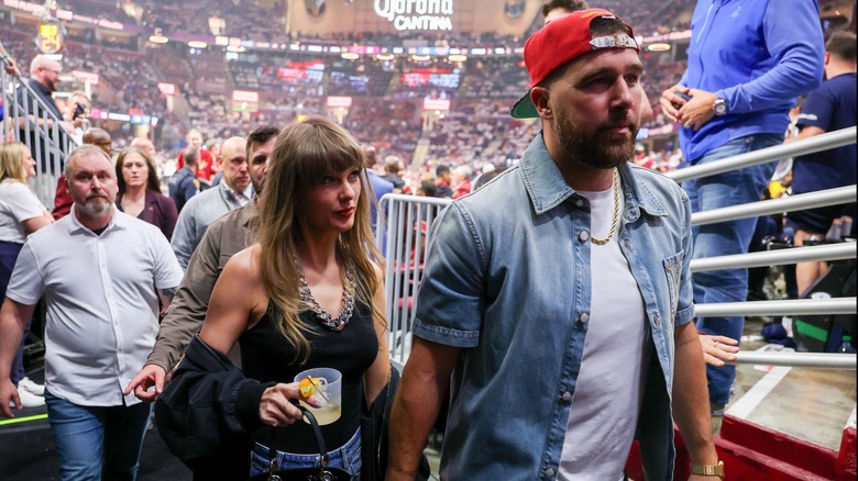 Taylor Swift and Travis Kelce attend Game Three between the New York Knicks and the Cleveland Cavaliers in the NBA Eastern Conference Finals at Rocket Arena on May 23, 2026.