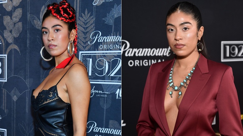 Side-by-side photos of Aminah Nieves on the red carpet, wearing a black dress with red ribbon in her braids on the left and wearing a red jacket with a statement necklace on the right.