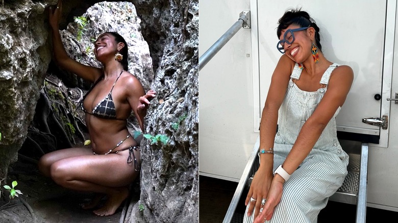 Side-by-side photos of Aminah Nieves posing in a bikini on the left and in overalls on the right.