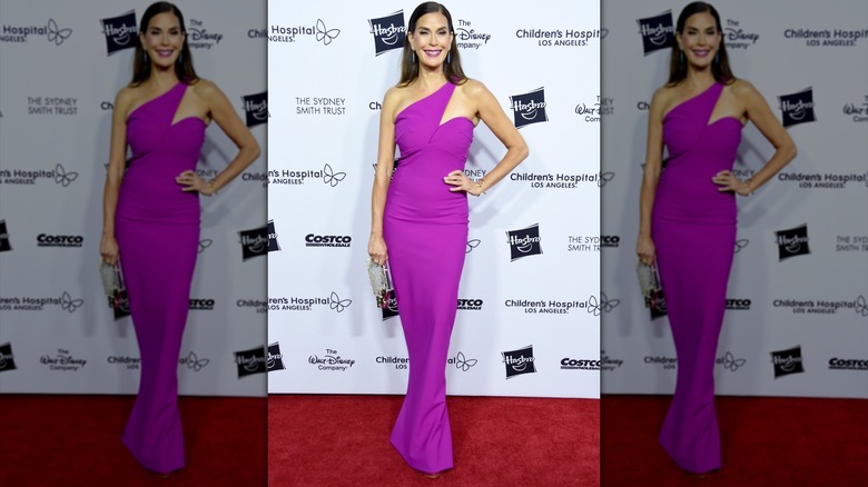 Teri Hatcher in a purple dress with a structural neckline