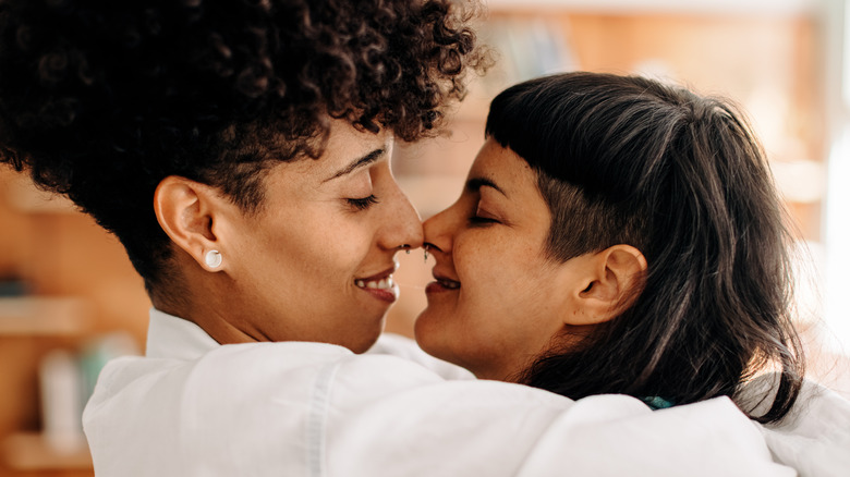 lesbian couple embracing