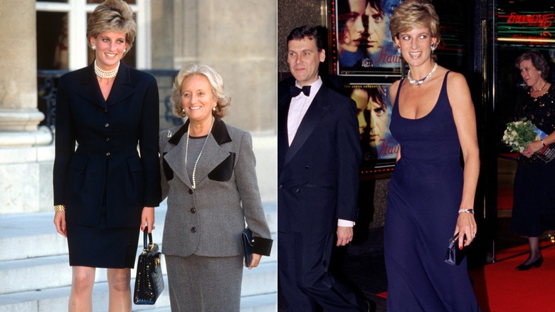 Side by side: Princess Diana wearing a black skirt suit (L) and a navy maxi dress (R)