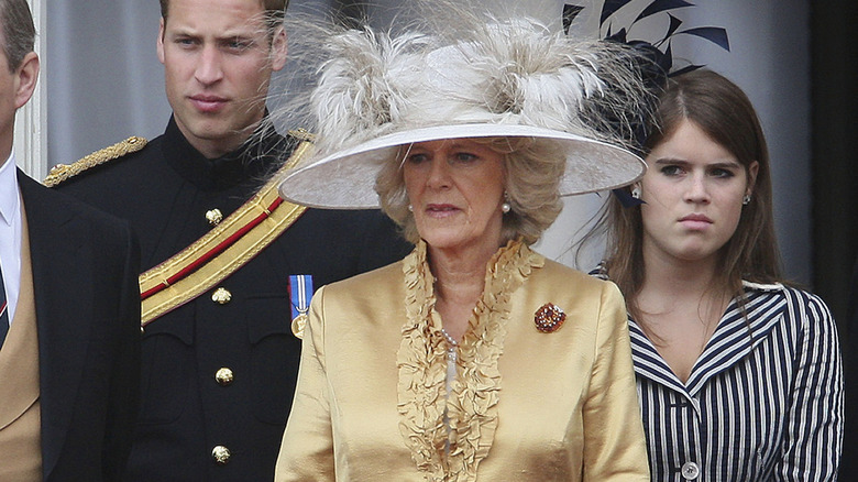 Queen Camilla at Trooping the Colour in 2007 wearing an ugly outfit and odd-looking hat.