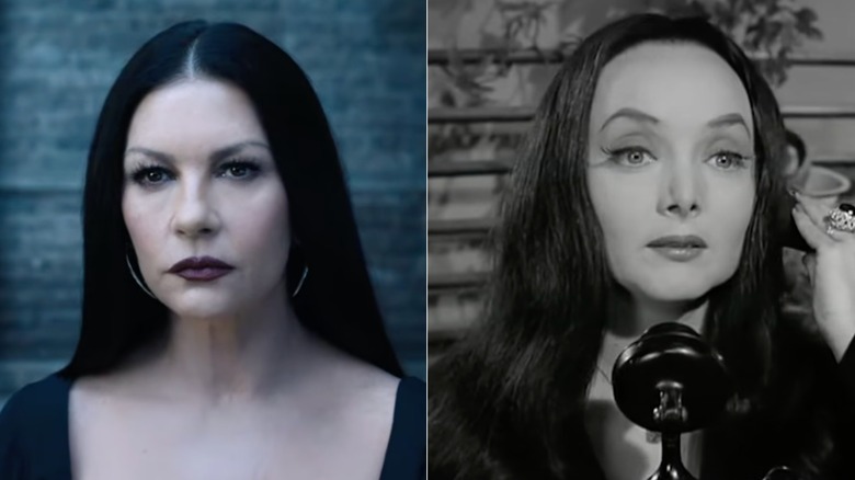 Side-by-side photos of Catherine Zeta-Jones (left) and Carolyn Jones (right) in character as Morticia Addams.