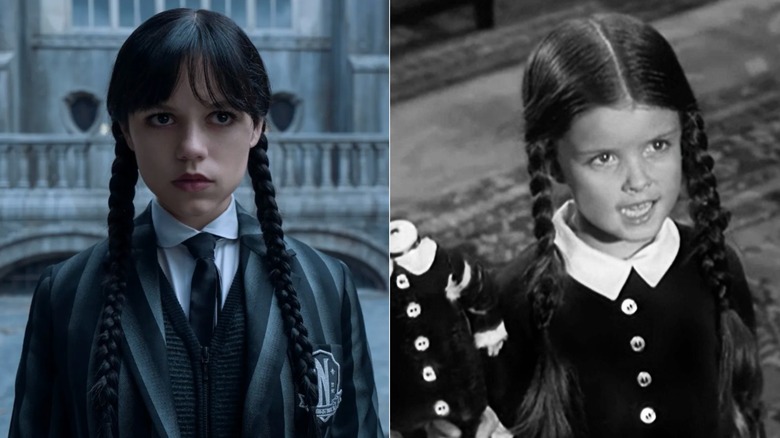 Side-by-side photos of Jenna Ortega (left) and Lisa Loring (right) in character as Wednesday Addams.