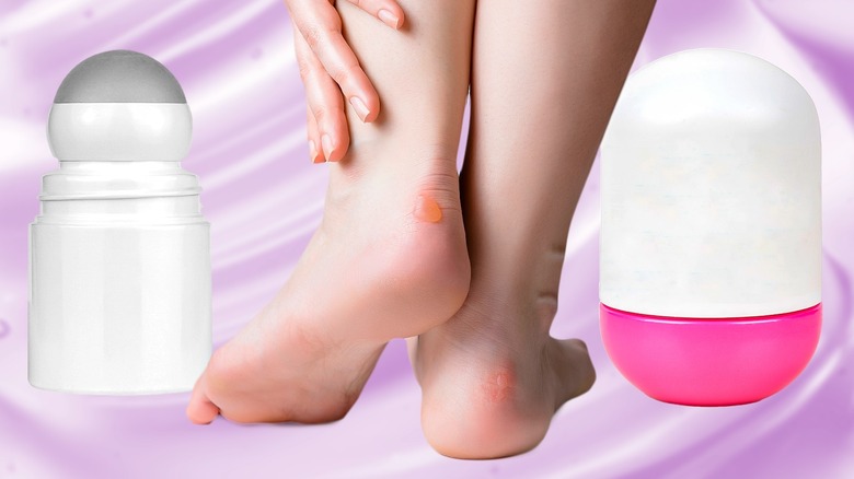 Woman using deodorant on foot blisters