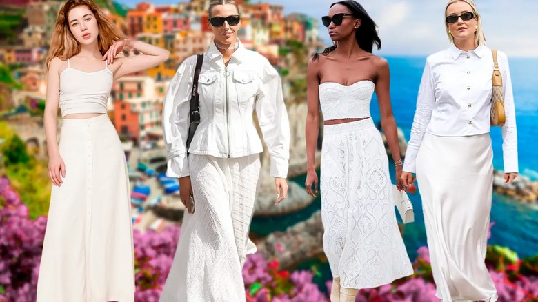 women wearing white maxi skirts with italian riviera backdrop