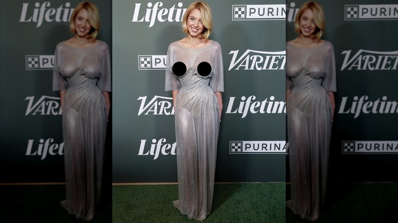 Sydney Sweeney in a silver dress