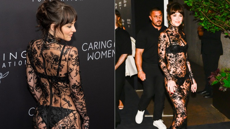 Dakota Johnson posing in a naked dress with her underwear showing