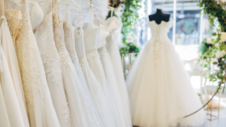wedding dresses in a bridal shop