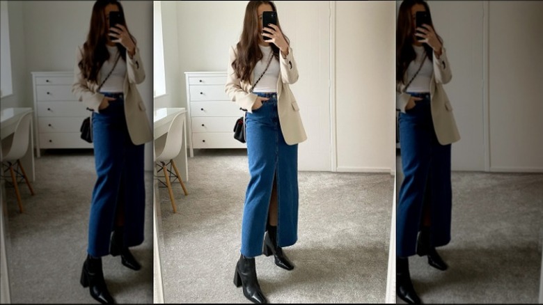 Long denim skirt with ankle boots