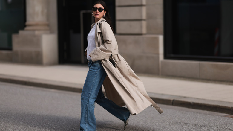 Wide-leg denim jeans trench coat