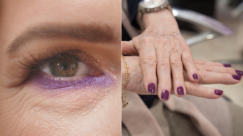 Side-by-side of an eye with purple eyeshadow, and hands with purple nail polish.
