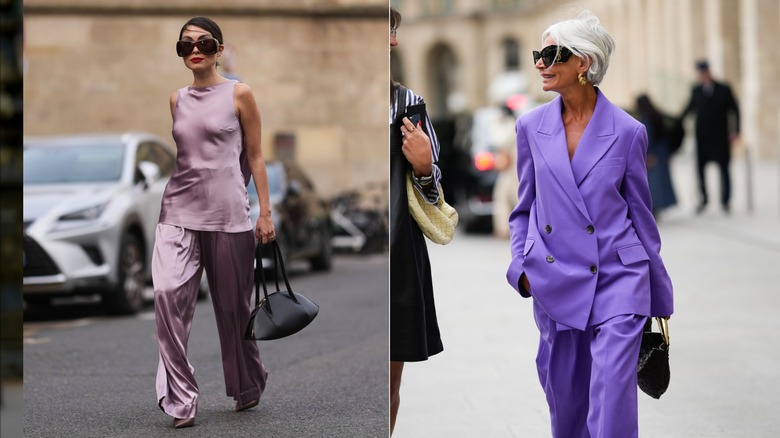 Two women in purple outfits.