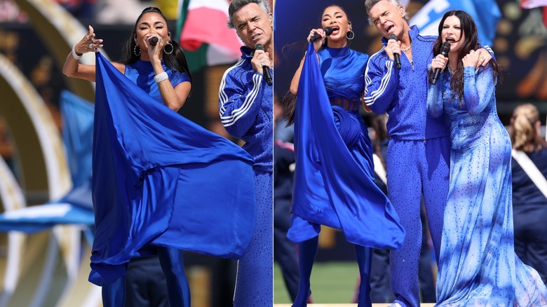 Two-split image of Nicole Scherzinger at the 2026 FIFA World Cup Final singing with Robbie Williams and Laura Pausini