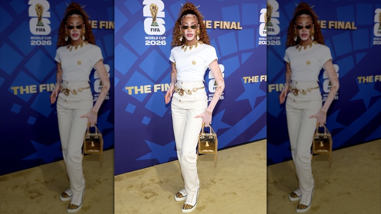 Winnie Harlow posing at the 2026 FIFA World Cup Final carpet