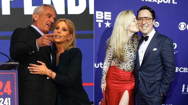 RFK Jr. and Cheryl Hines sharing an embrace (L) and Olivia Nuzzi kissing ex-fiance Ryan Lizza on his cheek (R)