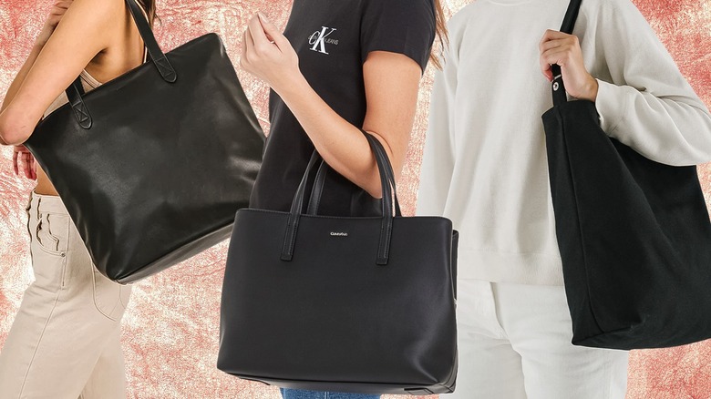 Black Leather-Look Embossed Logo Tote Bag