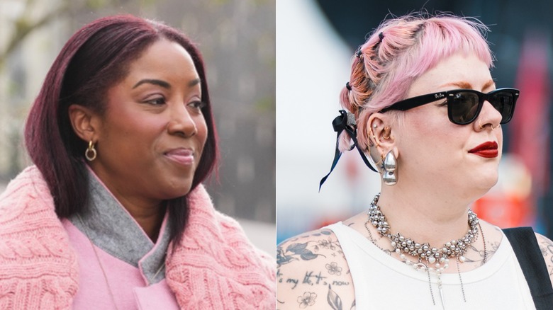 A woman at fashion week with burgundy hair, and a festival guest with pink hair