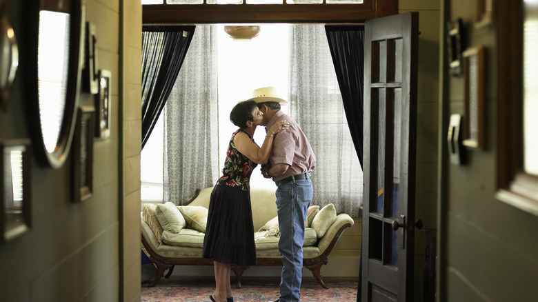 Couple kissing through open door