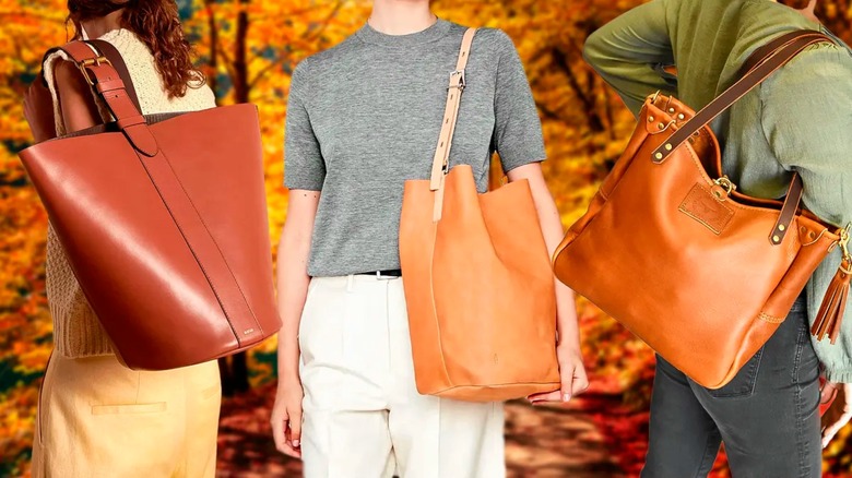 Women with brown leather bucket totes