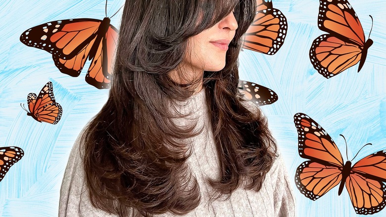 Woman with butterfly shag and butterflies