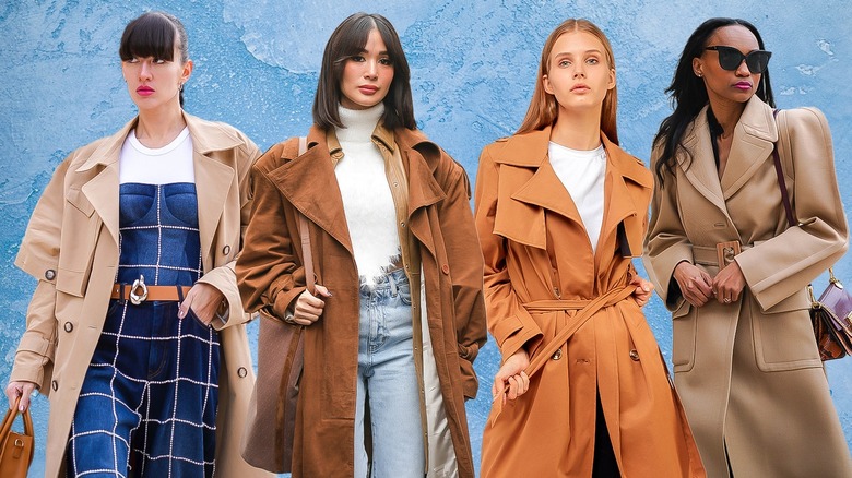 Four women wearing trenchcoats