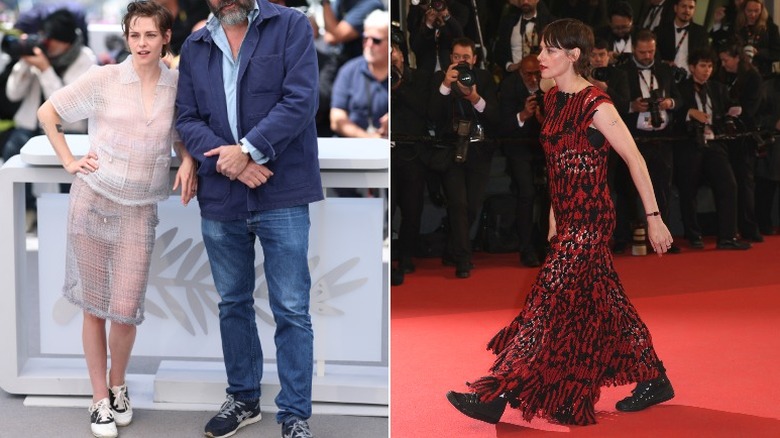 Split image of Kristen Stewart at Cannes Film Festival, wearing a sheer outfit with saddle shoes on the left and wearing a red dress with black boots on the right.