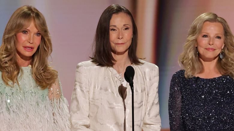 Jaclyn Smith, Kate Jackson, and Cheryl Ladd dressed gorgeously standing on the 2026 Emmys stage.