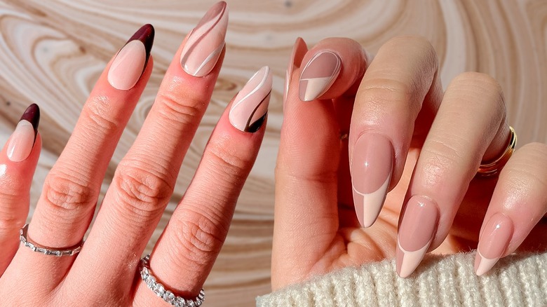 two sets of milky brown french tip nails