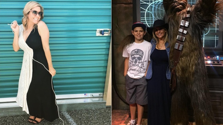 Brandi Passante posing in a black-and-white dress and posing with her son and Chewbacca from "Star Wars"