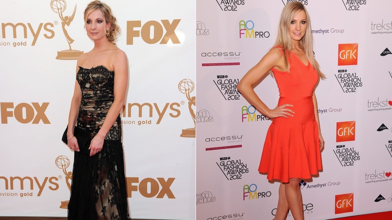 (L) Joanne Froggatt wearing a lace dress at the 2011 Emmy Awards; (R) Joanne Froggatt wearing an orange dress at the 2012 WGSN Global Fashion Award