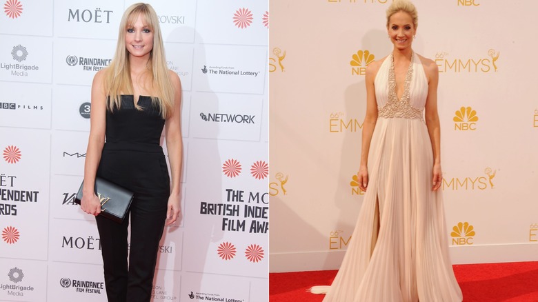 (L) Joanne Froggatt wearing a black jumpsuit at the 2013 Moët British Independent Film Awards; (R) Joanne Froggatt wearing a white halter dress at the 2014 Emmy Awards