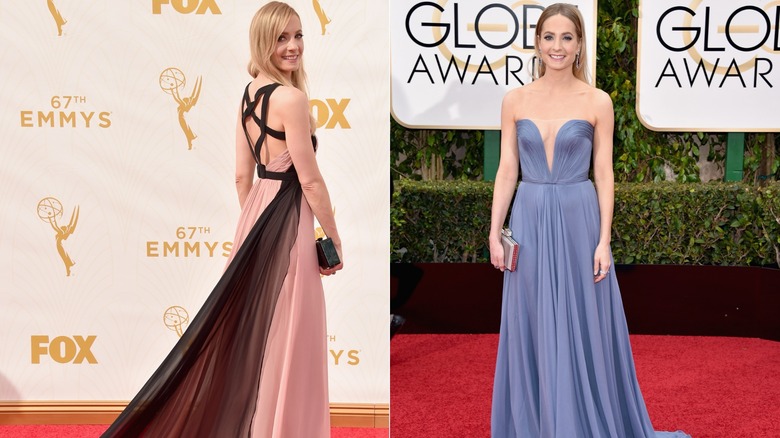(L) Joanne Froggatt wearing a pink and black gown at the 2015 Emmy Awards; (R) Joanne Froggatt wearing a blue gown at the 2016 Golden Globe Awards