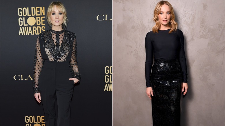 (L) Joanne Froggatt wearing all black to a 2019 Golden Globe Ambassador party; (R) Joanne Froggatt wearing all black to a 2020 photocall for "Liar"