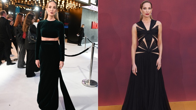 (L) Joanne Froggatt wearing a dress with a midriff cutout at the 2025 "MobLand" premiere; (R) Joanne Froggatt wearing a dress with cutouts at the 2025 "Downton Abbey: The Grand Finale" premiere