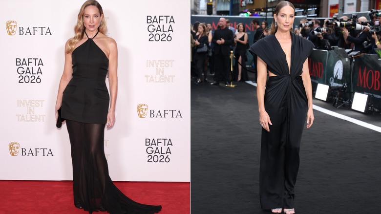 (L) Joanne Froggatt wearing a black dress at a 2026 BAFTA Gala; (R) Joanne Froggatt wearing a black dress at the "MobLand" Season 2 premiere in 2026