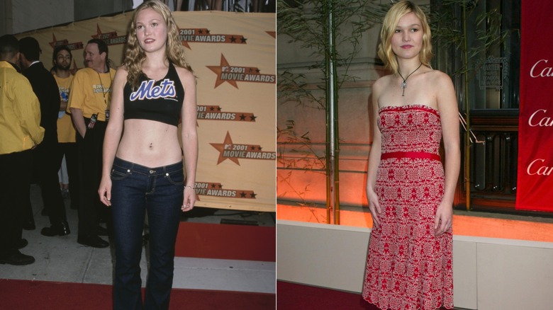 (L) Julia Stiles wearing a DIY top in 2001 (R) Julia Stiles with a bob haircut in 2003