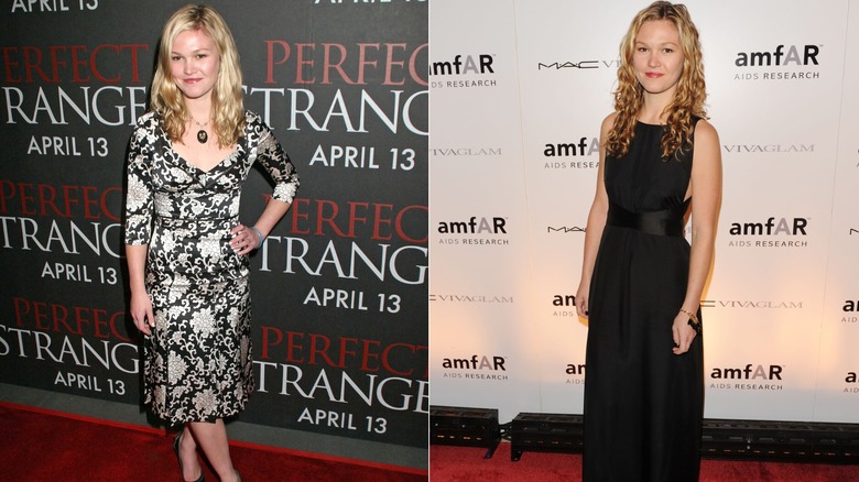 (L) Julia Stiles smiling on a red carpet in 2007 (R) Julia Stiles wearing a black dress in 2010