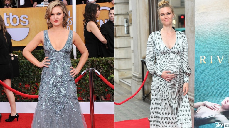 (L) Julia Stiles wearing a dusty blue gown and red lipstick in 2013 (R) Julia Stiles holding her baby bump in 2017