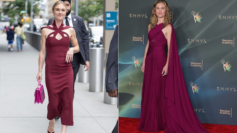 Julia Stiles wearing maroon red fashion in 2026