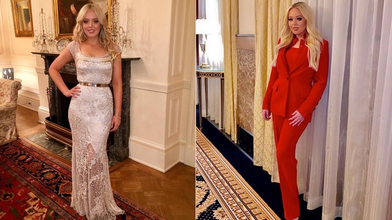 Tiffany Trump wearing a glamorous silver dress and a red suit