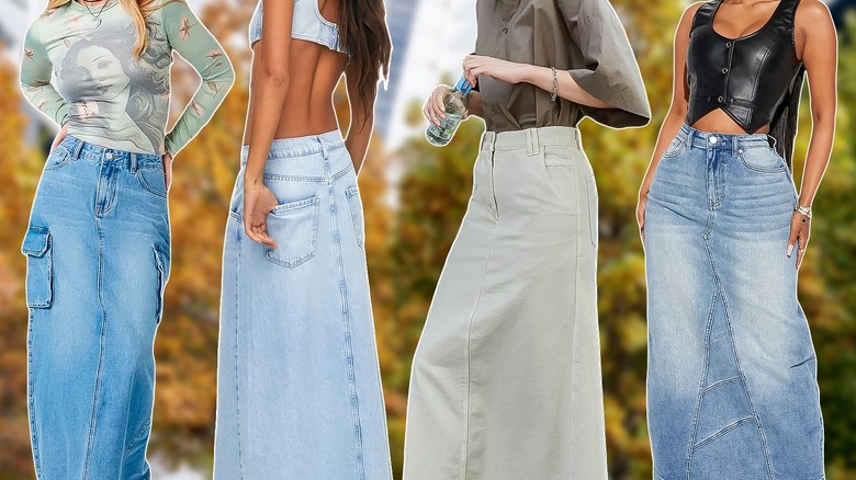 Four women wearing denim maxi skirts