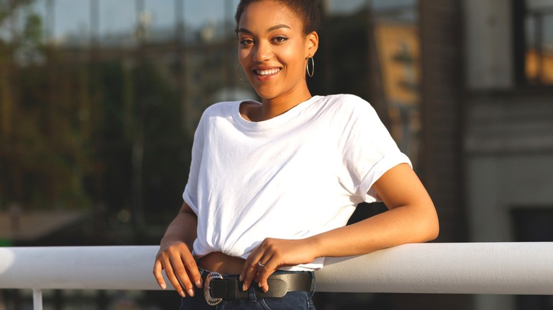 Young woman wearing white t-shirt