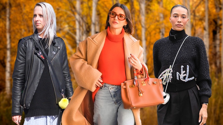 three women in front of fall trees