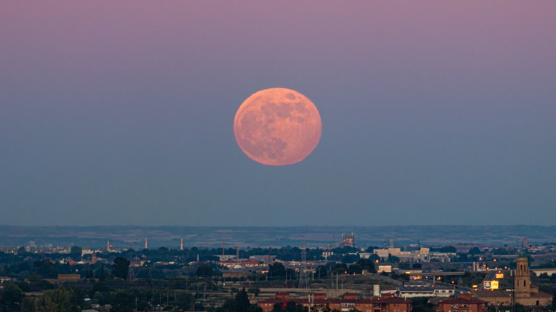 Full pink moon in sky