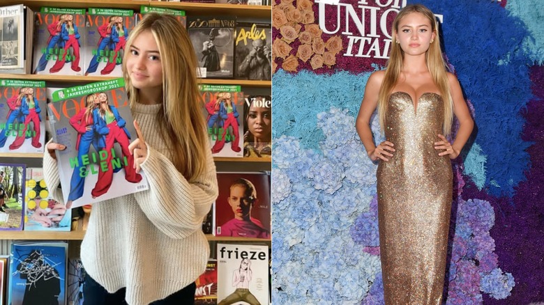 Leni Klum holds up the December 2020 cover of Vogue Germany / Leni Kum at the LuisaViaRoma for Unicef event in Capri, Italy in 2021