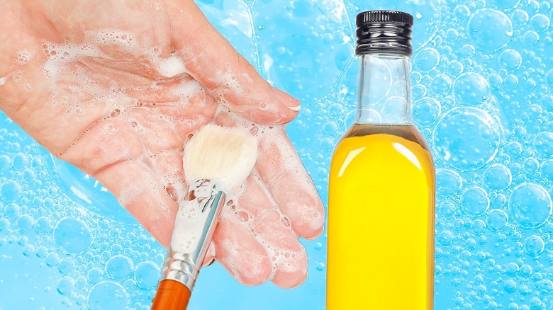 Cleaning makeup brush with olive oil