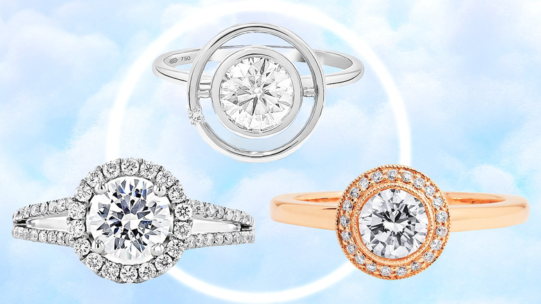 Three round halo diamond rings