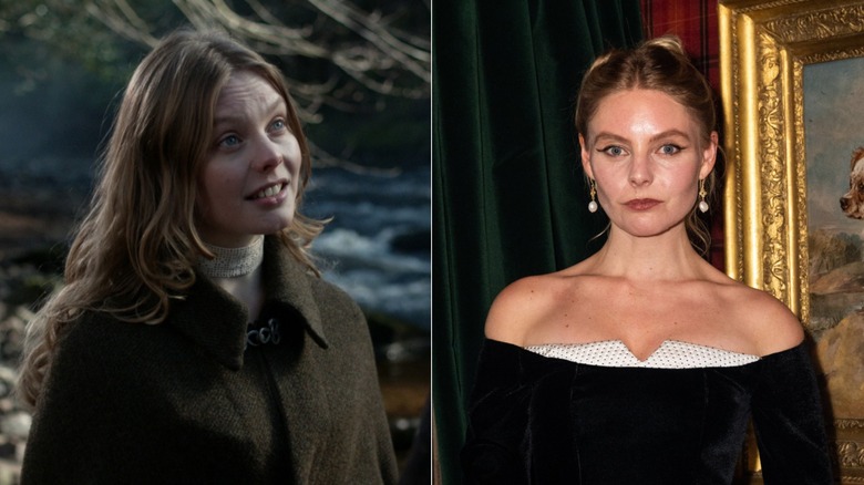 Nell Hudson wearing a green jacket and black dress